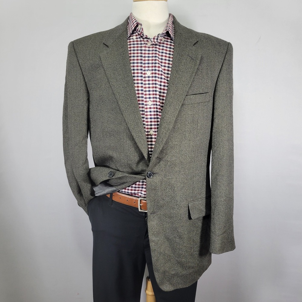 Britches Men's Flannel Sport Coat Blazer Two Button Herringbone Gray Wool 44L